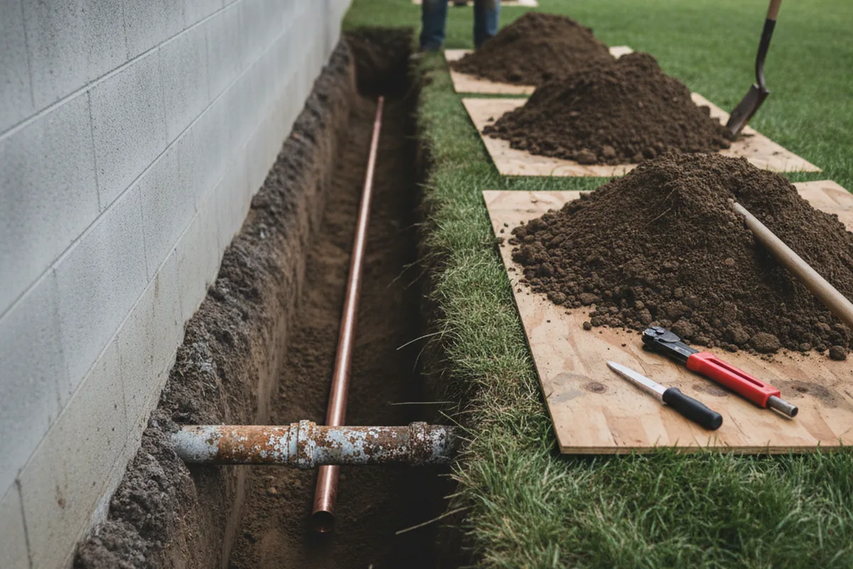 Excavated water line trench during Sewer Line Repair in La Center
